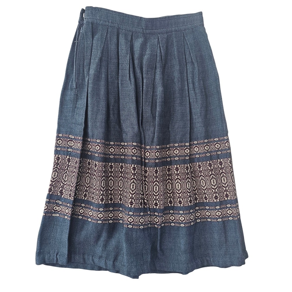 Hand woven Vintage Pleated Midi Skirt Blue Denim Woven Geometric A-Line Side Zip